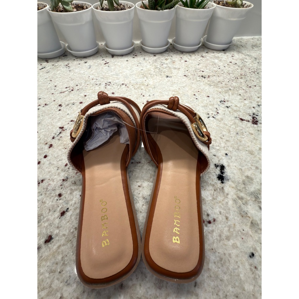 Bamboo Size 7 Tan Woven Slide Sandals Gold Buckle - Picture 5 of 6